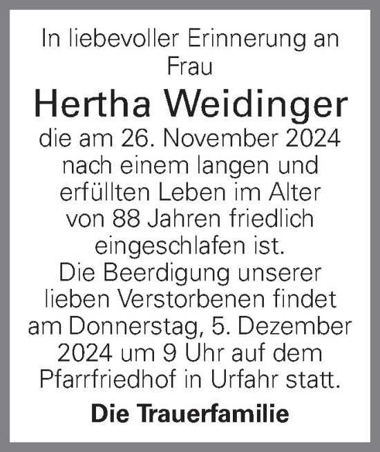 Traueranzeige von Hertha Weidinger von OÖNachrichten