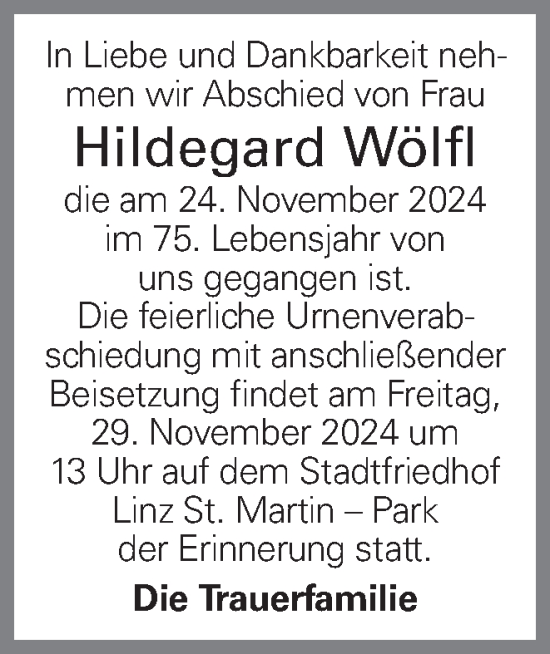 Traueranzeige von Hildegard Wölfl von OÖNachrichten