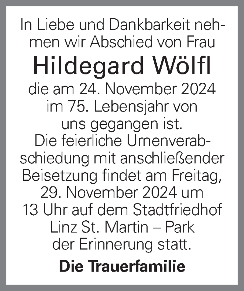  Traueranzeige für Hildegard Wölfl vom 27.11.2024 aus OÖNachrichten