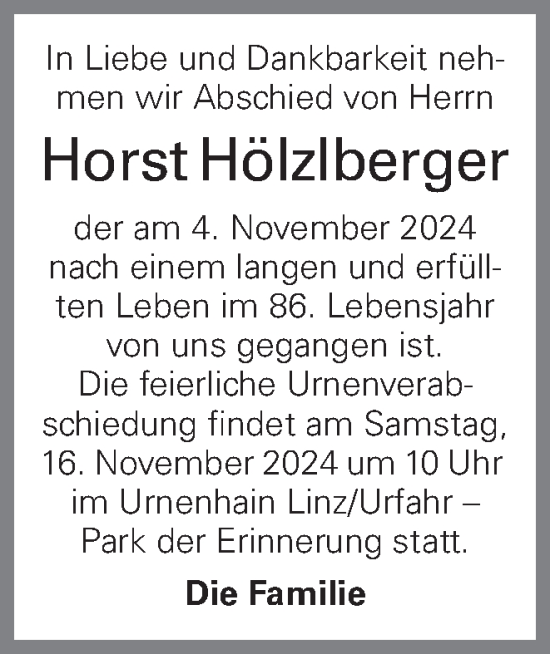 Traueranzeige von Horst Hölzlberger von OÖNachrichten