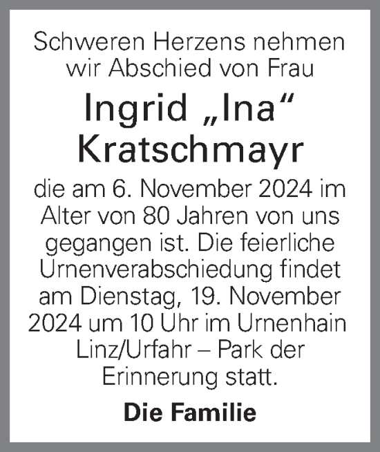 Traueranzeige von Ingrid Kratschmayr von OÖNachrichten