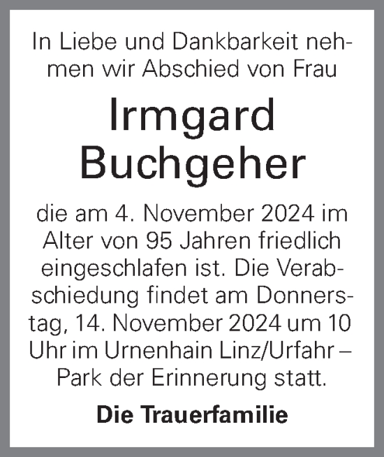 Traueranzeige von Irmgard Buchgeher von OÖNachrichten