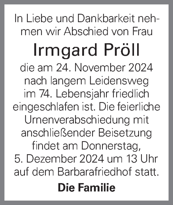 Traueranzeige von Irmgard Pröll von OÖNachrichten