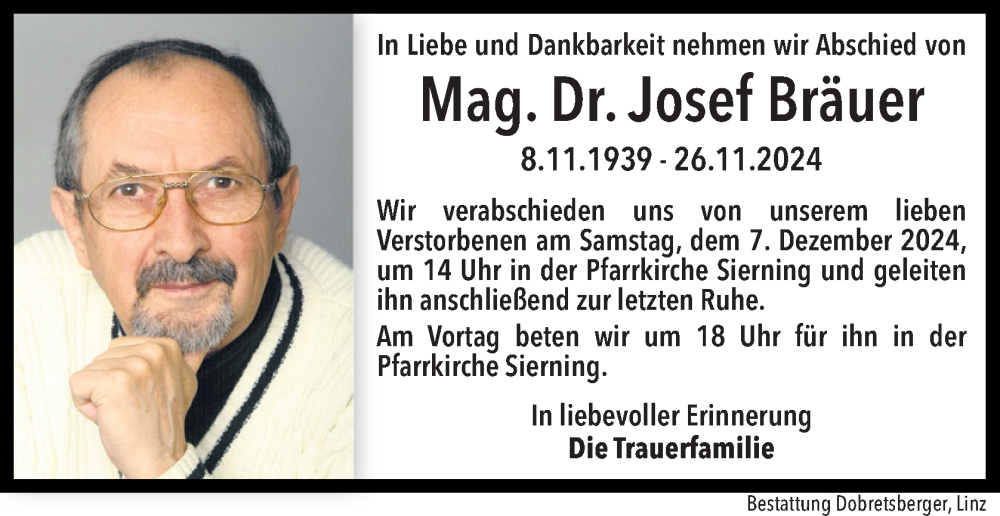  Traueranzeige für Josef Bräuer vom 28.11.2024 aus OÖNachrichten