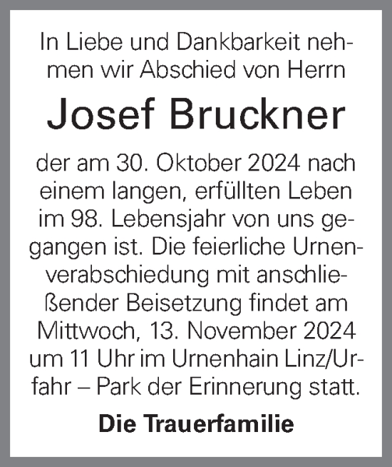 Traueranzeige von Josef Bruckner von OÖNachrichten