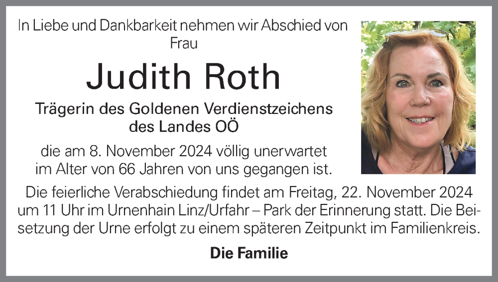  Traueranzeige für Judith Roth vom 13.11.2024 aus OÖNachrichten