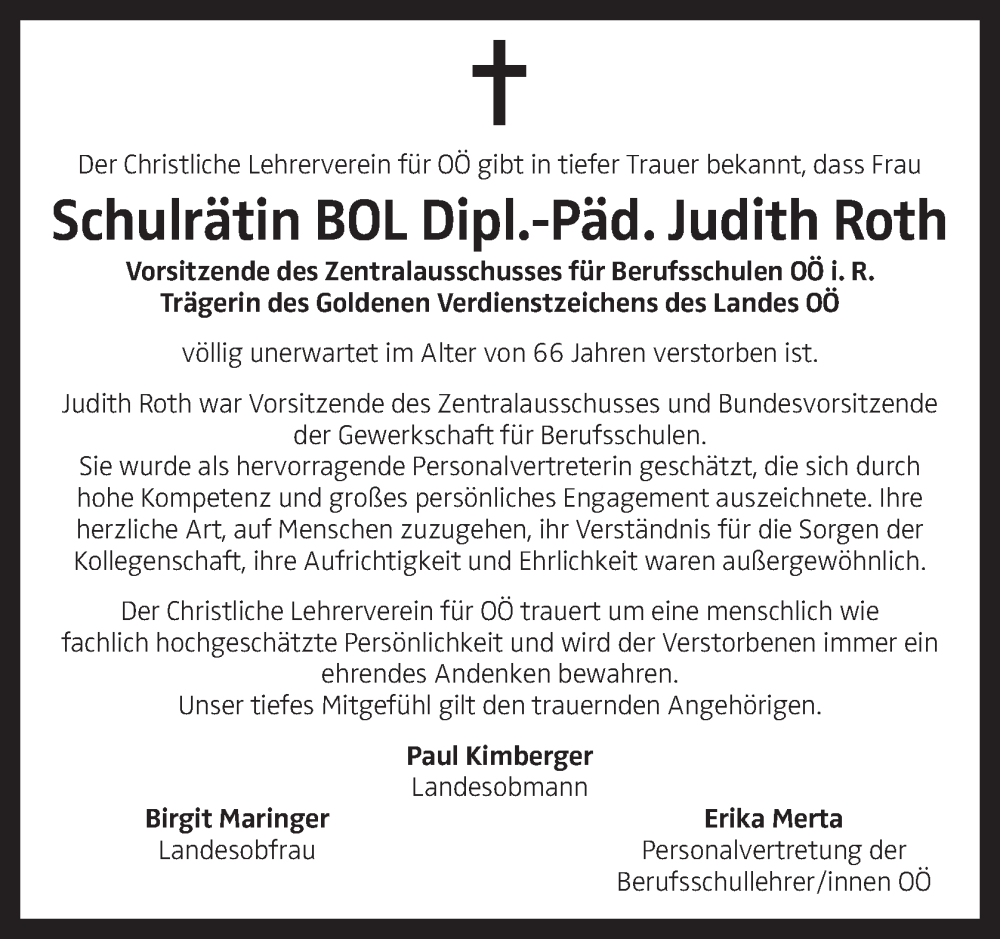  Traueranzeige für Judith Roth vom 18.11.2024 aus OÖNachrichten