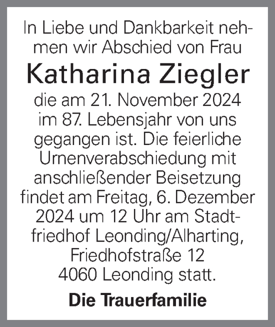 Traueranzeige von Katharina Ziegler von OÖNachrichten