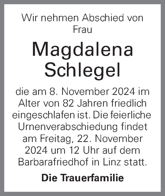 Traueranzeige von Magdalena Schlegel von OÖNachrichten