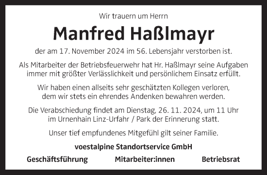 Traueranzeige von Manfred Haßlmayr von OÖNachrichten