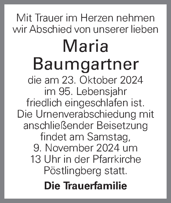 Traueranzeige von Maria Baumgartner von OÖNachrichten