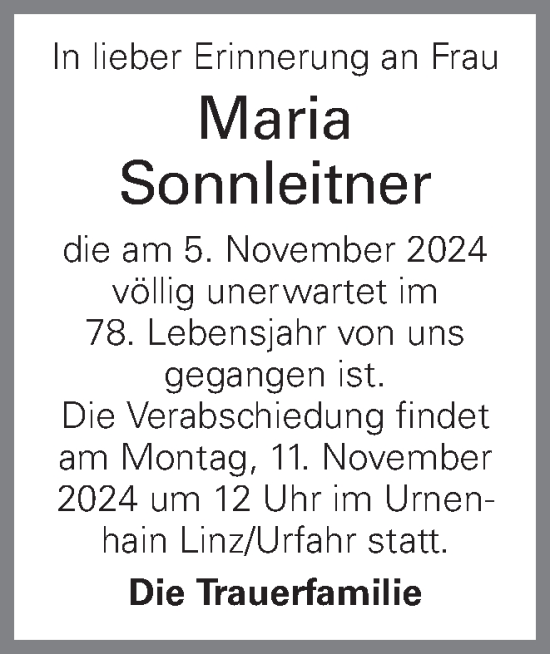 Traueranzeige von Maria Sonnleitner von OÖNachrichten