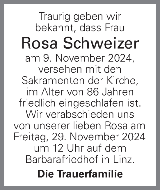 Traueranzeige von Rosa Schweizer von OÖNachrichten
