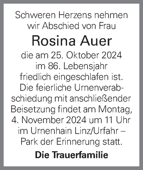 Traueranzeige von Rosina Auer von OÖNachrichten