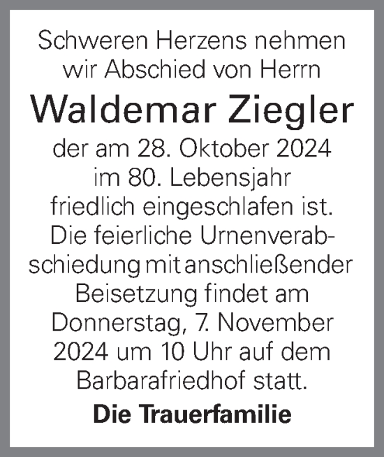 Traueranzeige von Waldemar Ziegler von OÖNachrichten