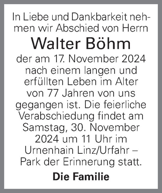 Traueranzeige von Walter Böhm von OÖNachrichten