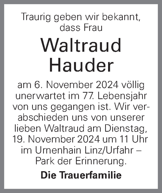 Traueranzeige von Waltraud Hauder von OÖNachrichten