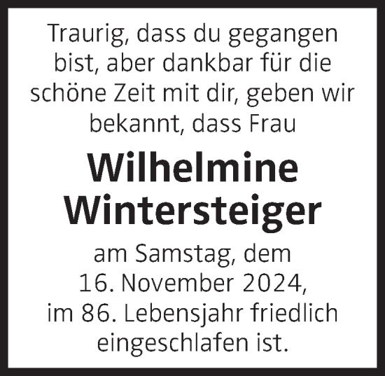 Traueranzeige von Wilhelmine Wintersteiger von OÖNachrichten