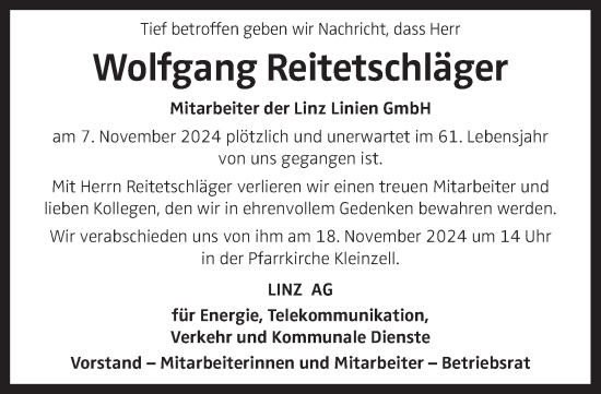 Traueranzeige von Wolfgang Reitetschläger von OÖNachrichten