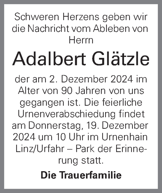 Traueranzeige von Adalbert Glätzle von OÖNachrichten