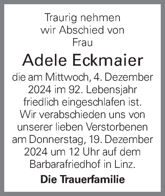 Traueranzeige von Adele Eckmaier von OÖNachrichten