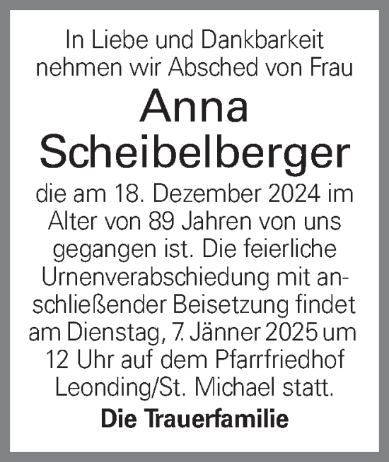 Traueranzeige von Anna Scheibelberger von OÖNachrichten