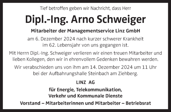 Traueranzeige von Arno Schweiger von OÖNachrichten