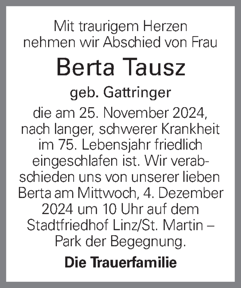  Traueranzeige für Berta Tausz vom 02.12.2024 aus OÖNachrichten