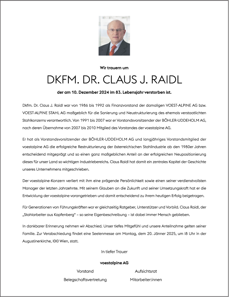  Traueranzeige für Claus Raidl vom 13.12.2024 aus OÖNachrichten