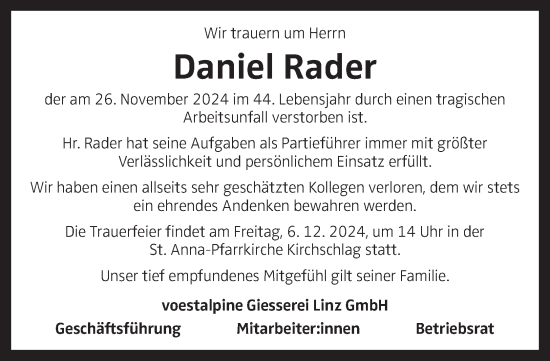 Traueranzeige von Daniel Rader von OÖNachrichten