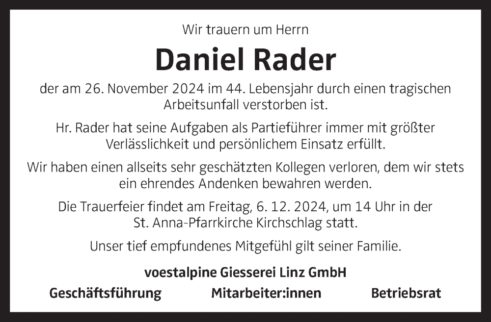  Traueranzeige für Daniel Rader vom 03.12.2024 aus OÖNachrichten