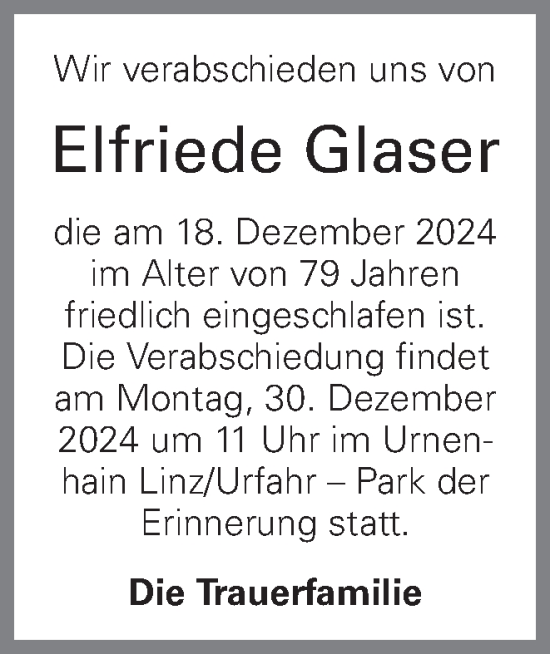 Traueranzeige von Elfriede Glaser von OÖNachrichten