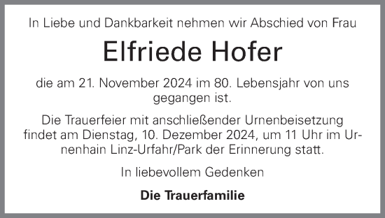 Traueranzeige von Elfriede Hofer von OÖNachrichten