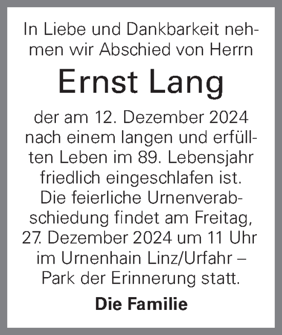 Traueranzeige von Ernst Lang von OÖNachrichten