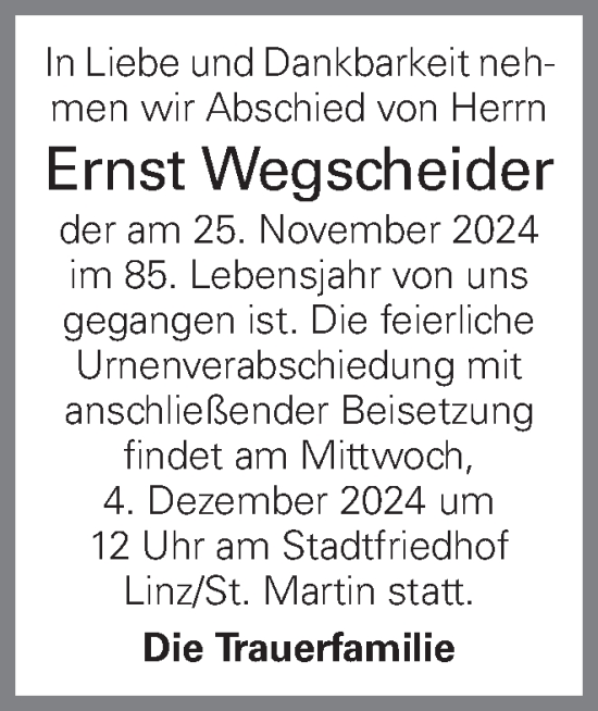 Traueranzeige von Ernst Wegscheider von OÖNachrichten