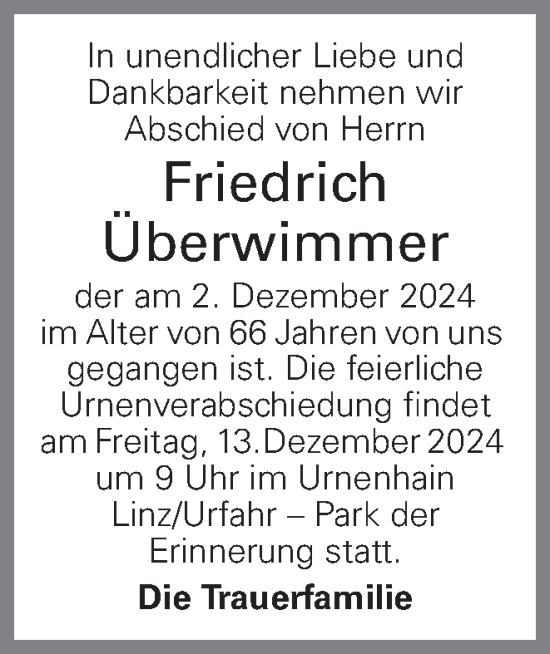 Traueranzeige von Friedrich Überwimmer von OÖNachrichten