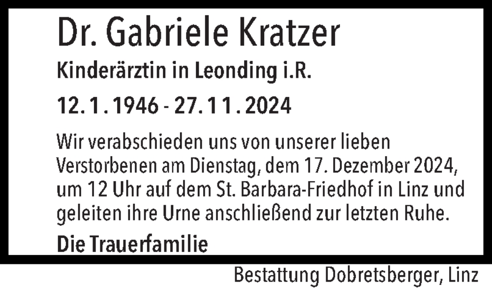  Traueranzeige für Gabriele Kratzer vom 02.12.2024 aus OÖNachrichten