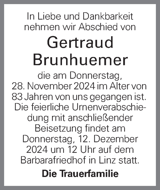 Traueranzeige von Gertraud Brunhuemer von OÖNachrichten
