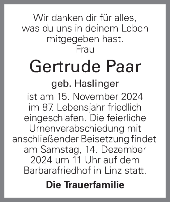 Traueranzeige von Gertrude Paar von OÖNachrichten