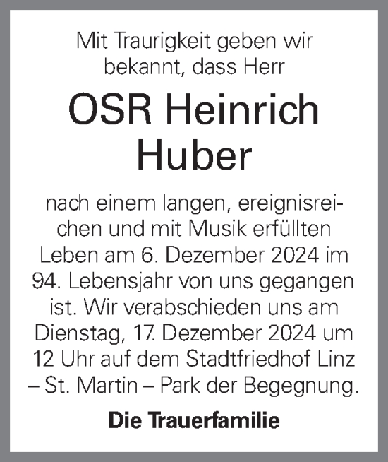 Traueranzeige von Heinrich Huber von OÖNachrichten