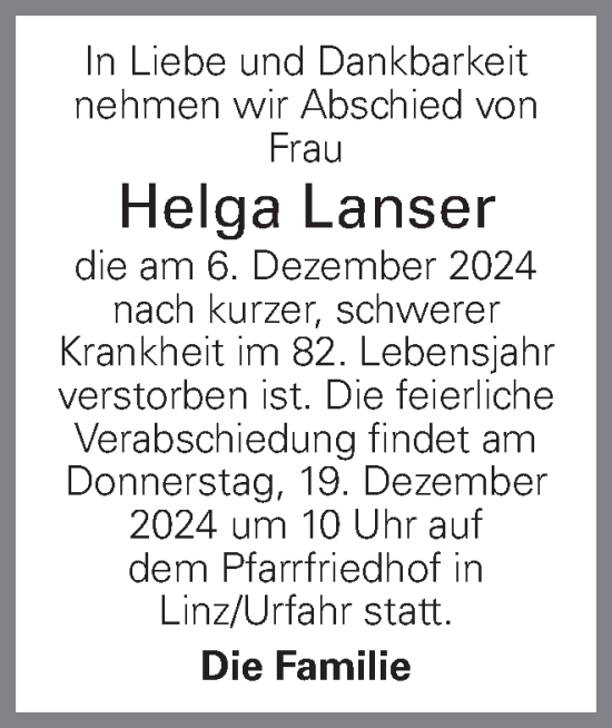 Traueranzeige von Helga Lanser von OÖNachrichten