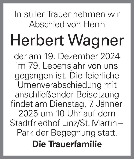 Traueranzeige von Herbert Wagner von OÖNachrichten