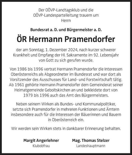 Traueranzeige von Hermann Pramendorfer von OÖNachrichten