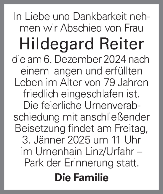 Traueranzeige von Hildegard Reiter von OÖNachrichten