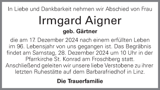 Traueranzeige von Irmgard Aigner von OÖNachrichten