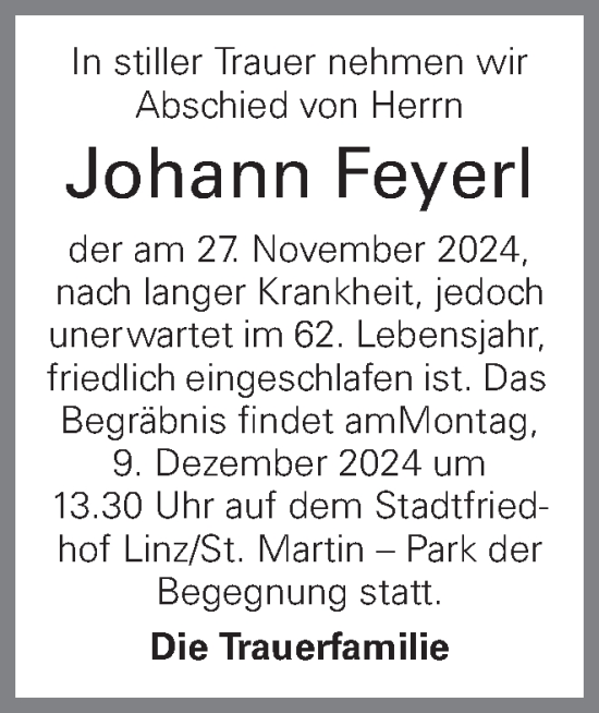 Traueranzeige von Johann Feyerl von OÖNachrichten