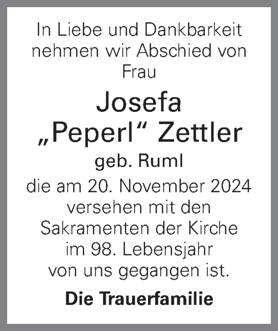 Traueranzeige von Josefa Zettler von OÖNachrichten