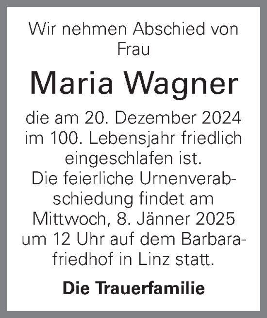 Traueranzeige von Maria Wagner von OÖNachrichten