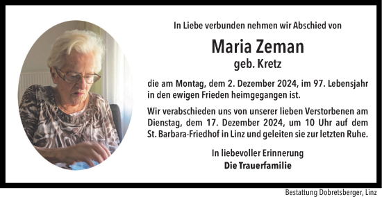 Traueranzeige von Maria Zeman von OÖNachrichten