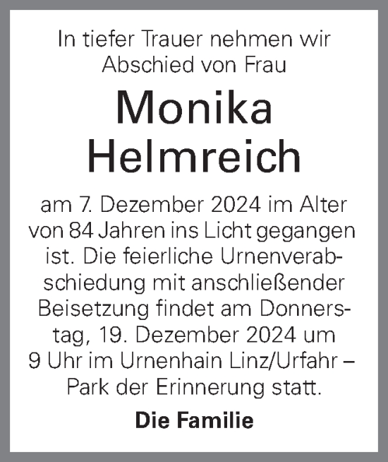 Traueranzeige von Monika Helmreich von OÖNachrichten